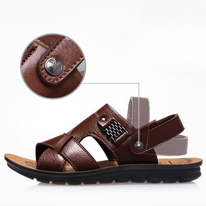 Cushioned footbed of men's comfort sandals, providing orthopedic arch support for all-day walking.