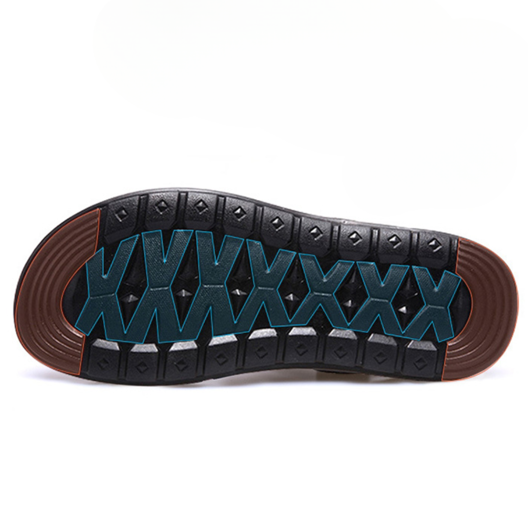 Men's orthopedic sandals in action, providing comfort & arch support for a confident walking stride.