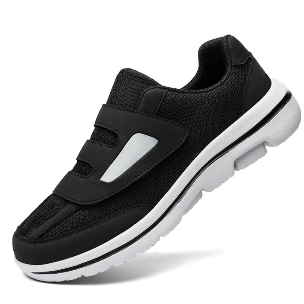 Top view of men's orthopedic shoes, highlighting the wide toe box and convenient adjustable Velcro closure.