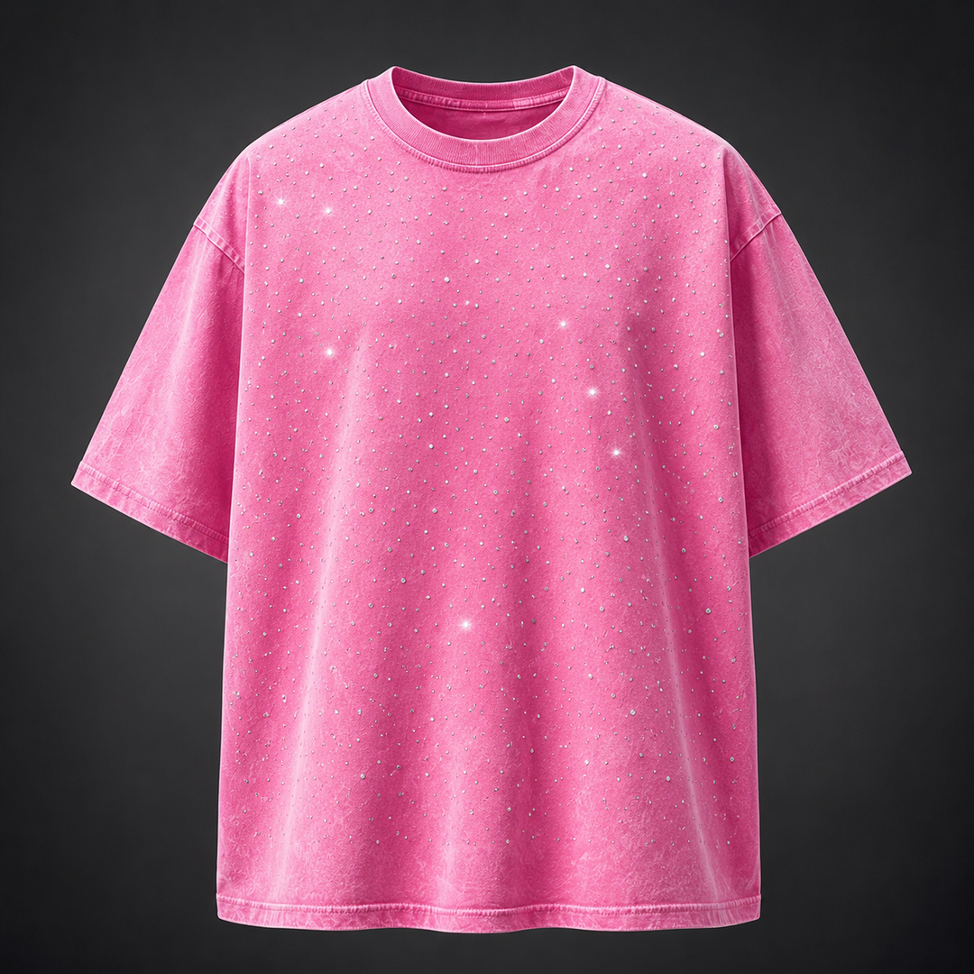 Back view of a men's oversized rhinestone t-shirt, highlighting its relaxed fit and soft material.