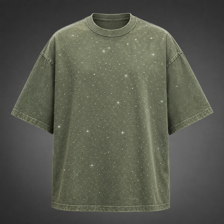 Washed finish men's oversized t-shirt, short sleeve, crewneck, and shimmering rhinestone details.