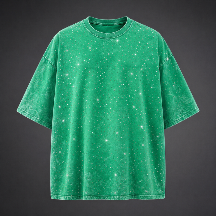 Streetwear men's t-shirt: an oversized fit, washed texture, and standout rhinestone details.