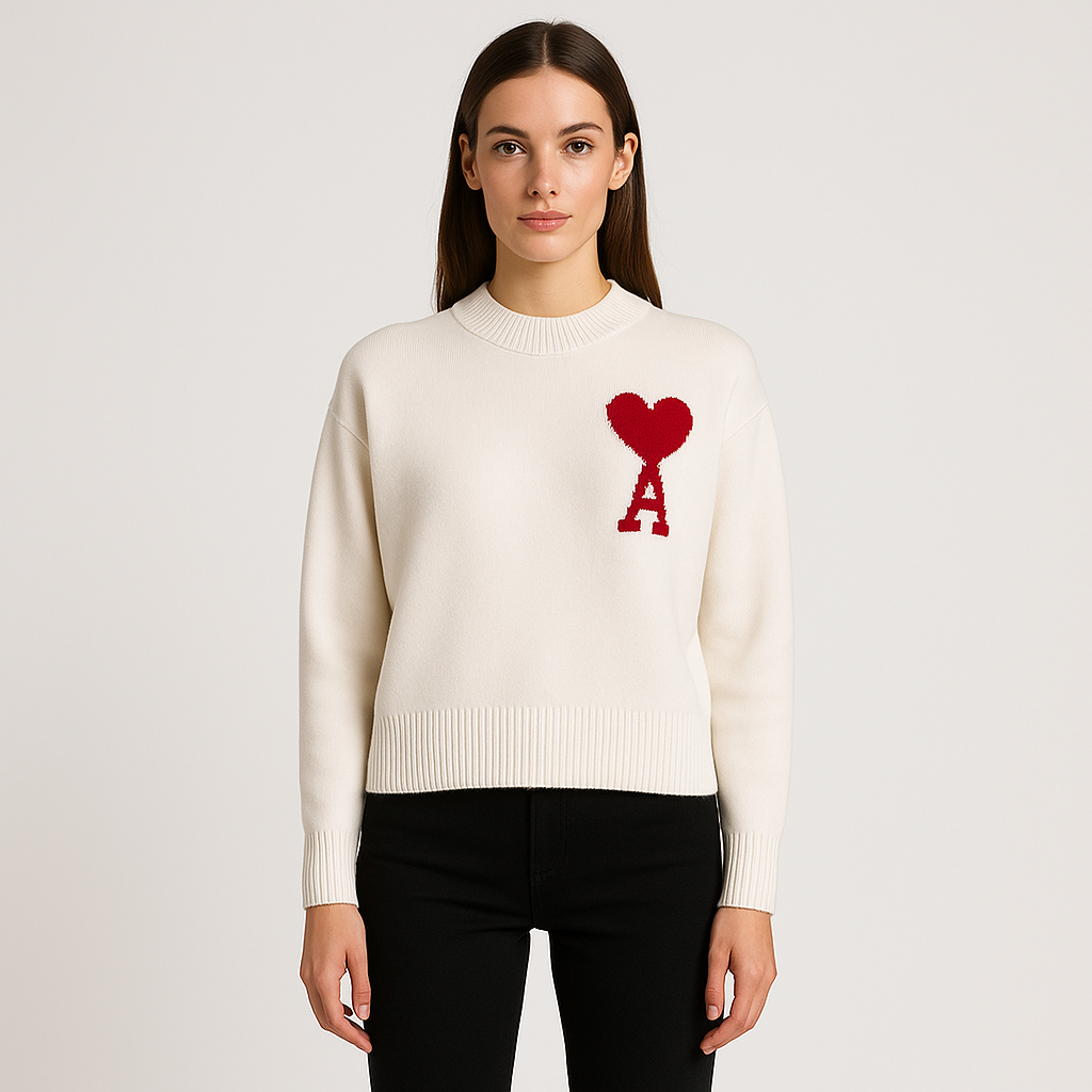 Men's oversized crew neck sweater with a unique heart motif, perfect for casual, cozy wear.