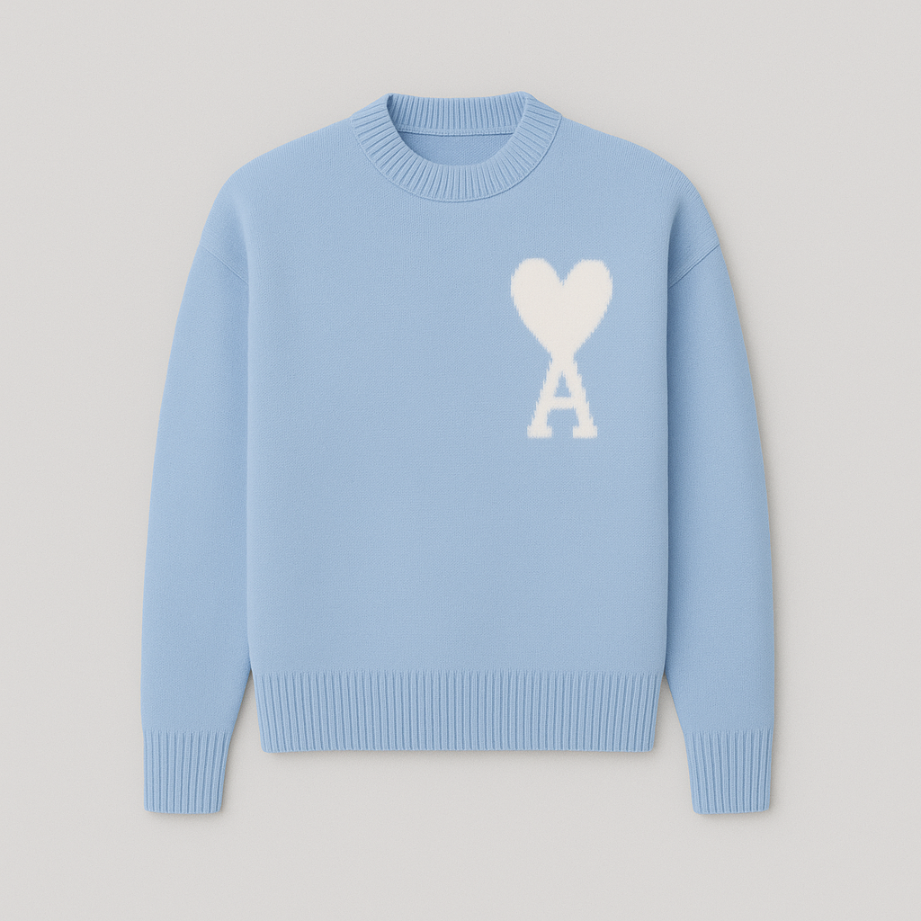 Relaxed fit men's long sleeve crew neck sweater, showcasing an eye-catching oversized heart motif.