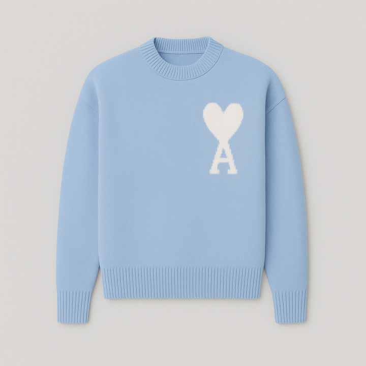 Relaxed fit men's long sleeve crew neck sweater, showcasing an eye-catching oversized heart motif.