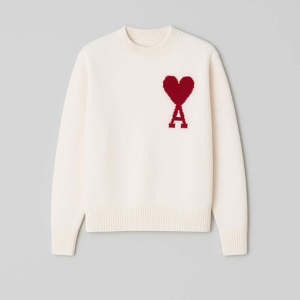 Oversized men's crew neck sweater featuring a distinctive heart motif, ideal for a modern, relaxed look.