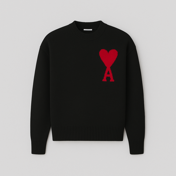 Cozy men's oversized heart motif sweater, a comfortable long sleeve crew neck for casual fashion.