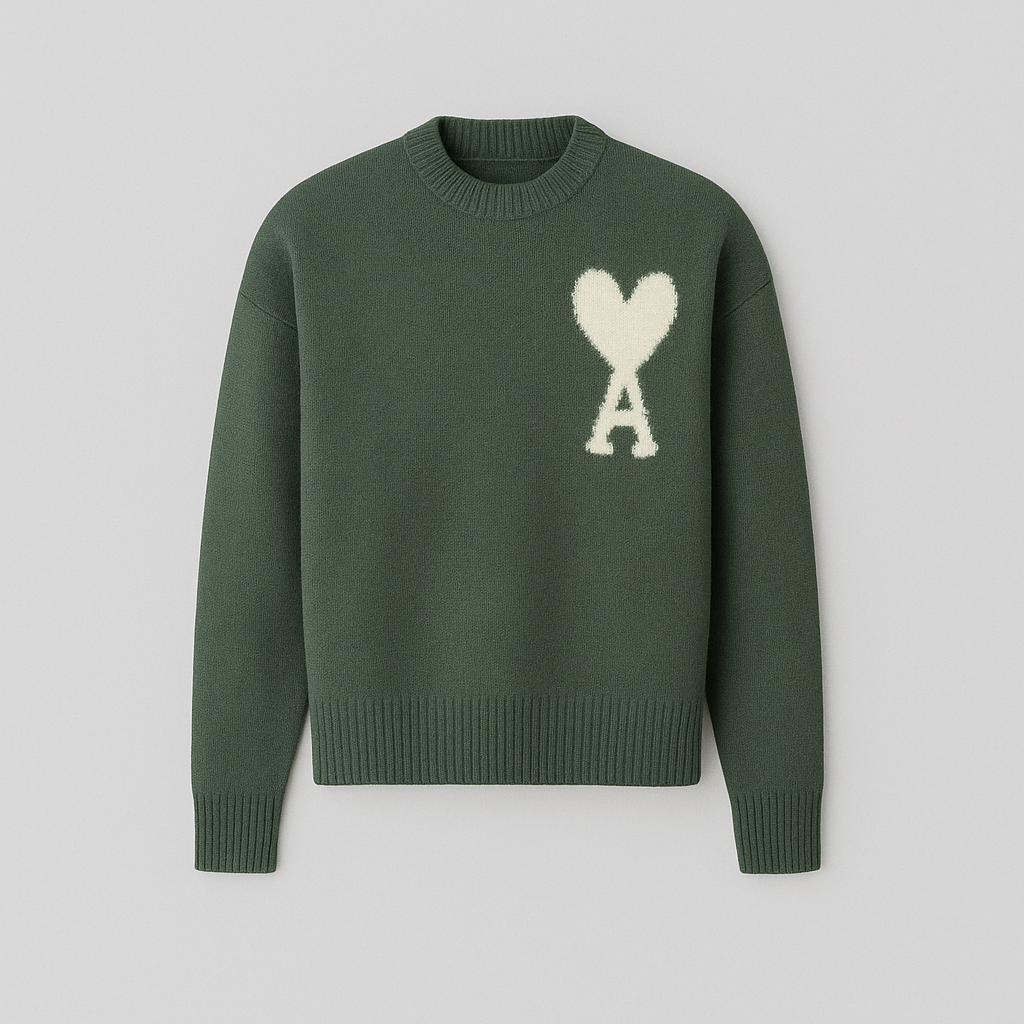Close-up of a men's oversized crew neck sweater, highlighting the intricate heart motif design.