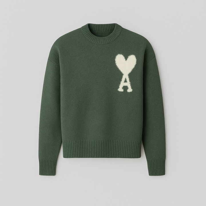 Close-up of a men's oversized crew neck sweater, highlighting the intricate heart motif design.