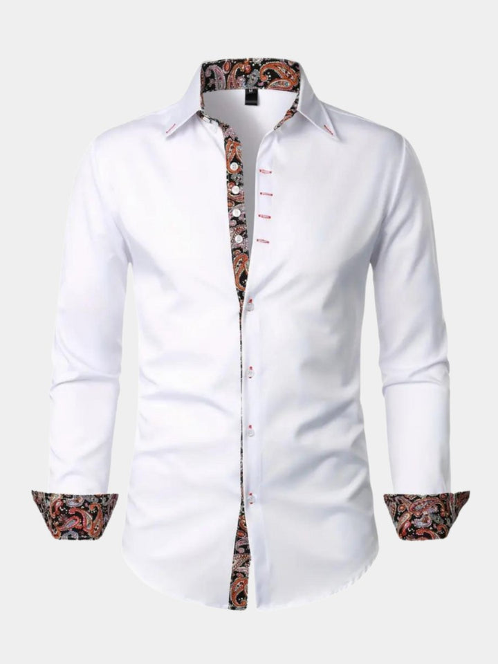 Men's paisley slim fit long sleeve dress shirt, perfect for sophisticated casual or semi-formal wear.