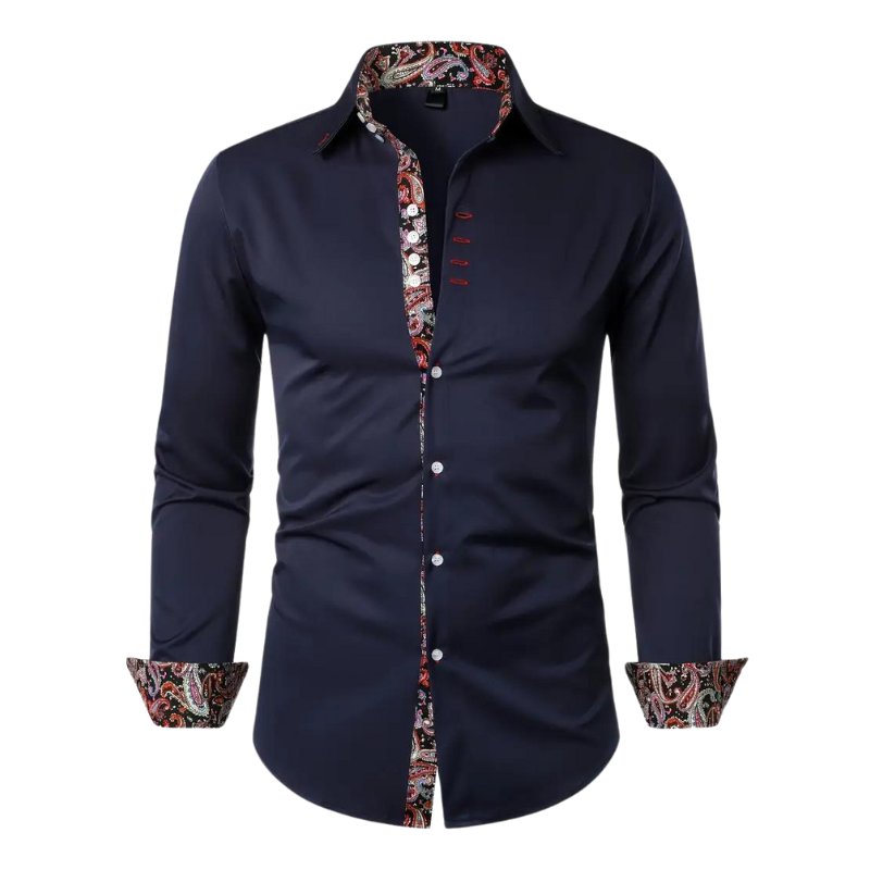 Elegant men's long sleeve paisley dress shirt, slim fit, ideal for a refined, patterned top look.