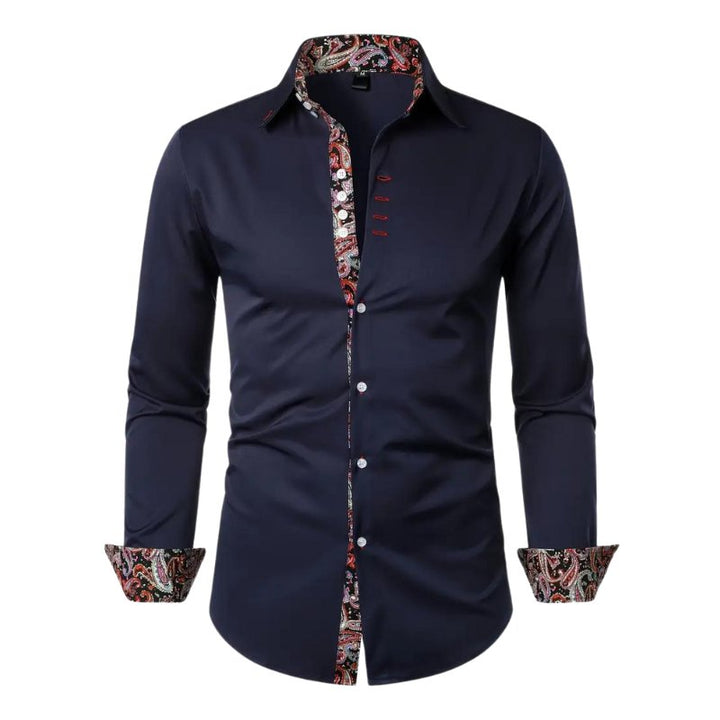 Elegant men's long sleeve paisley dress shirt, slim fit, ideal for a refined, patterned top look.
