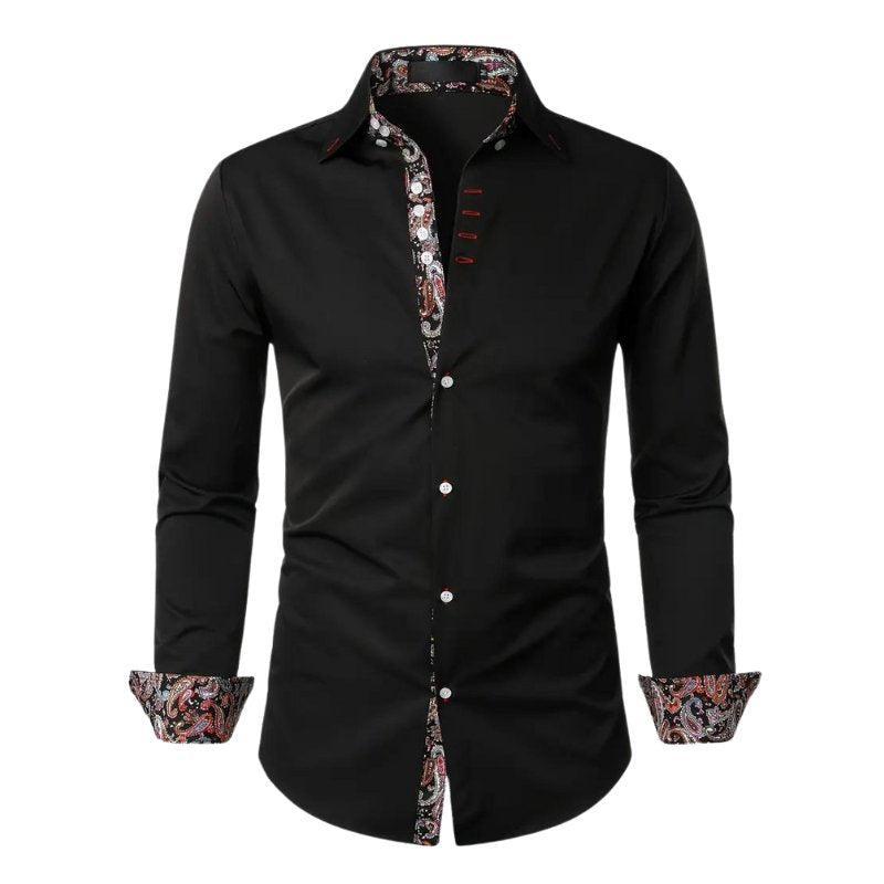 Fashionable men's apparel: slim fit long sleeve paisley shirt, versatile for casual & semi-formal.