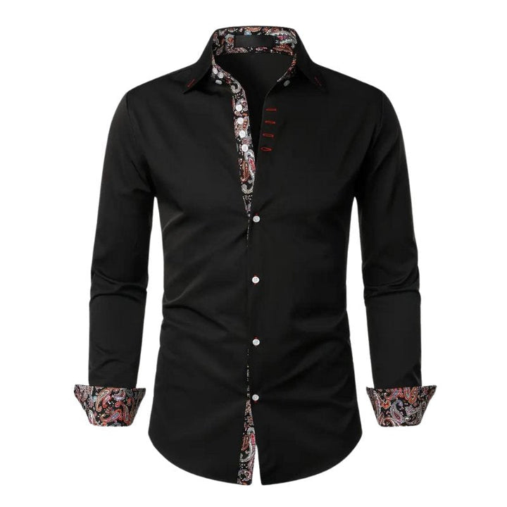 Fashionable men's apparel: slim fit long sleeve paisley shirt, versatile for casual & semi-formal.