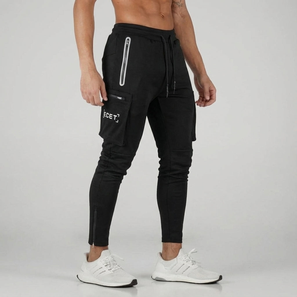 Athletic men's joggers: Dark grey tapered fit pants with secure pockets, perfect for sports & daily activities.
