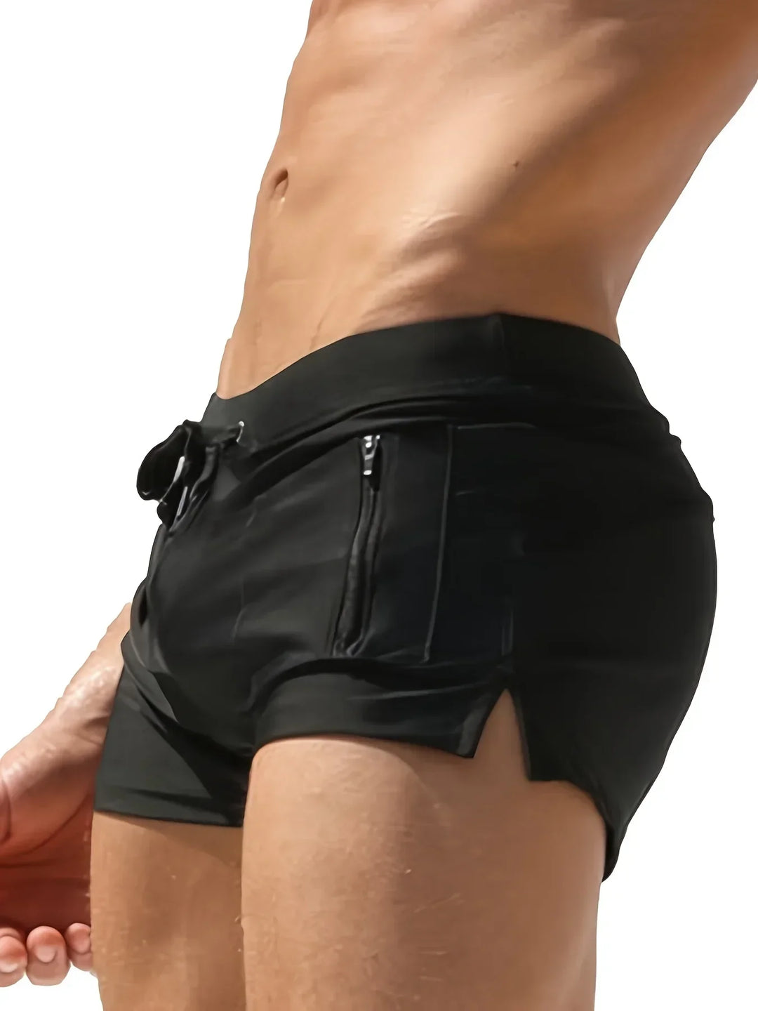 Stylish men's short swim trunks; quick-dry fabric, secure zippered pocket, adjustable waist. Perfect for active men.