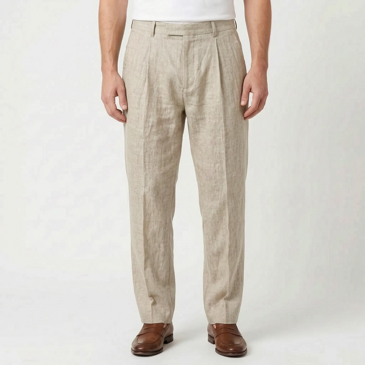 Men's pleated smart casual trousers with a relaxed fit. Stylish, comfortable ankle-length pants for warm weather.