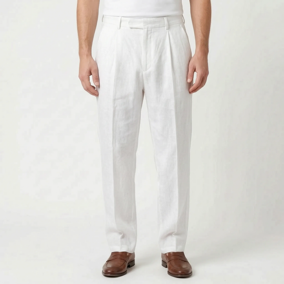 Versatile men's smart casual pleated pants. Comfortable relaxed fit summer trousers for stylish menswear.