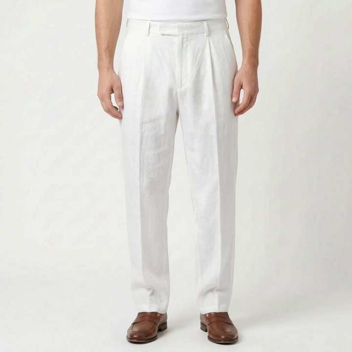 Versatile men's smart casual pleated pants. Comfortable relaxed fit summer trousers for stylish menswear.