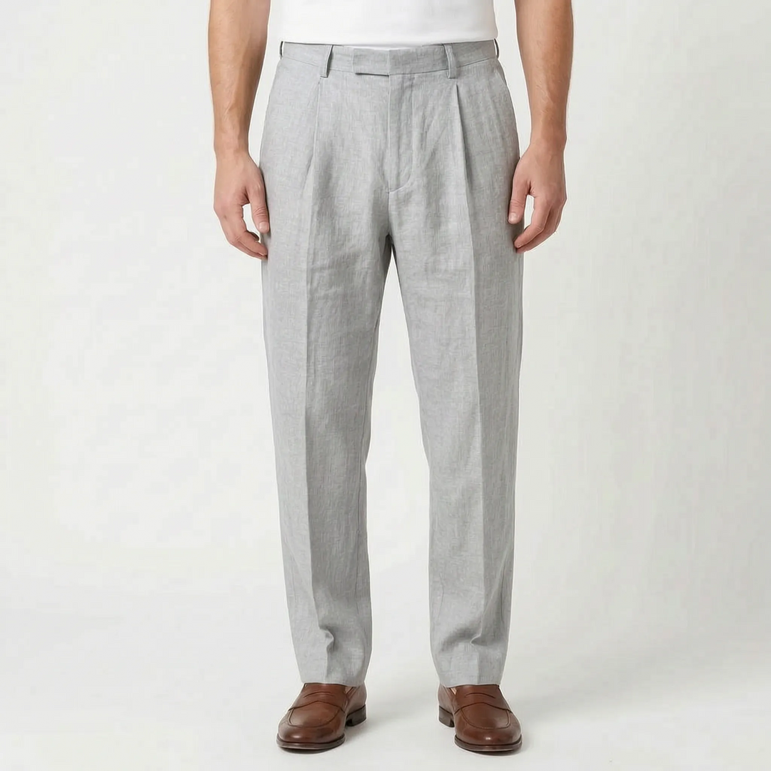 Lightweight men's pleated pants for warm weather. Smart casual, relaxed fit trousers, perfect for summer fashion.