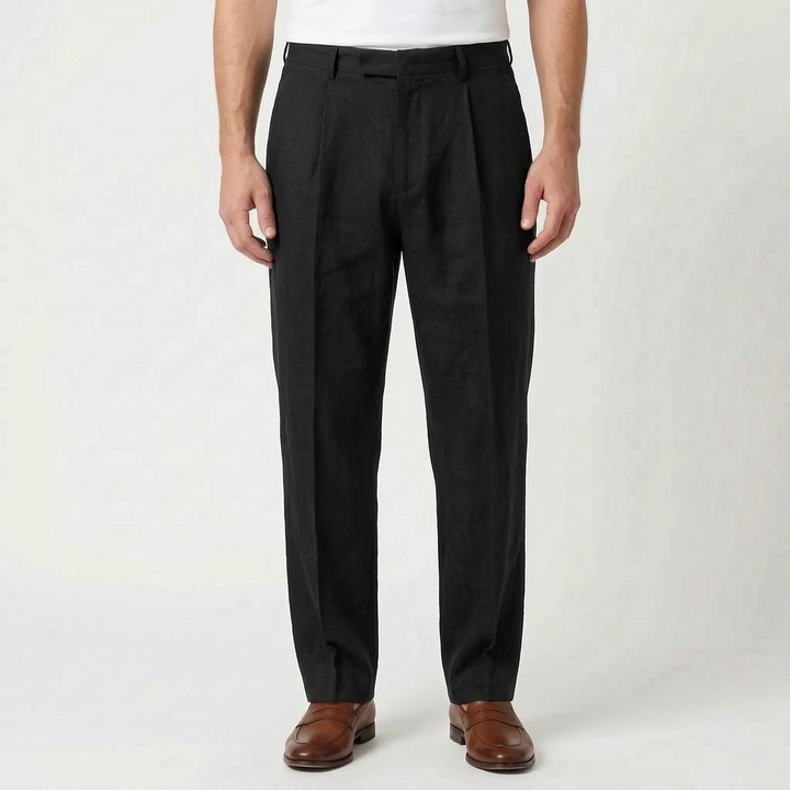 Men's pleated ankle-length smart casual pants. Comfortable, relaxed fit trousers for stylish summer menswear.