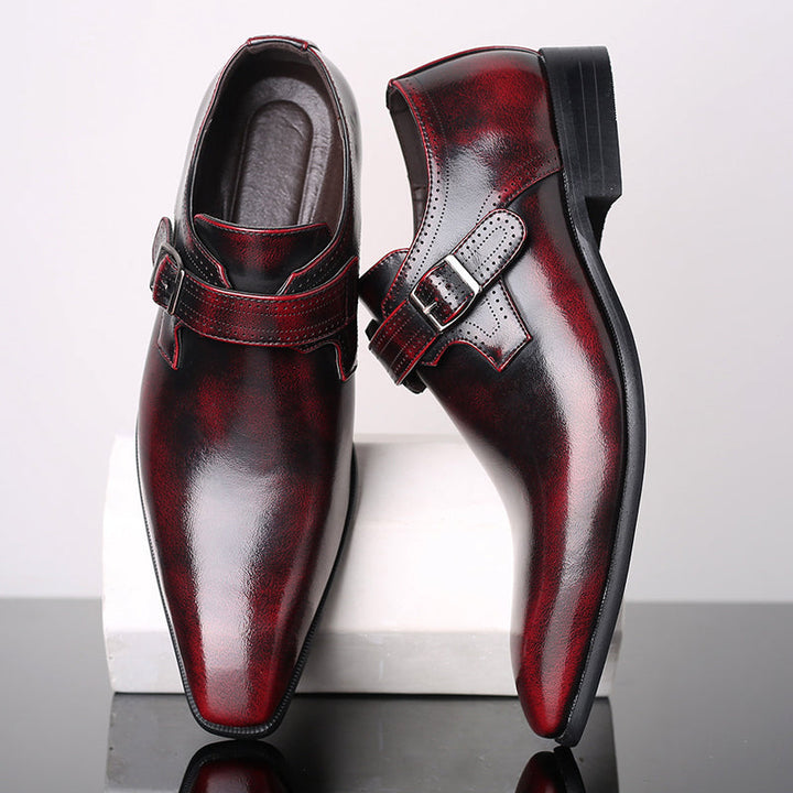 Elegant men's monk strap dress shoes with a glossy finish, perfect for formal events & business attire.