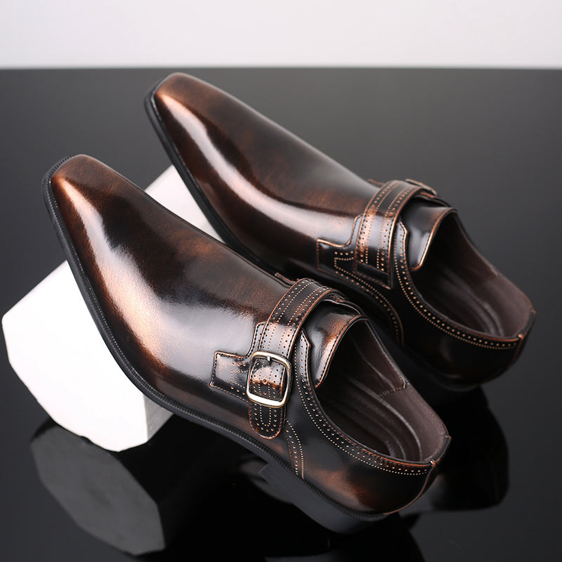 Stylish men's black formal monk strap dress shoes, polished for a sophisticated look in any business setting.