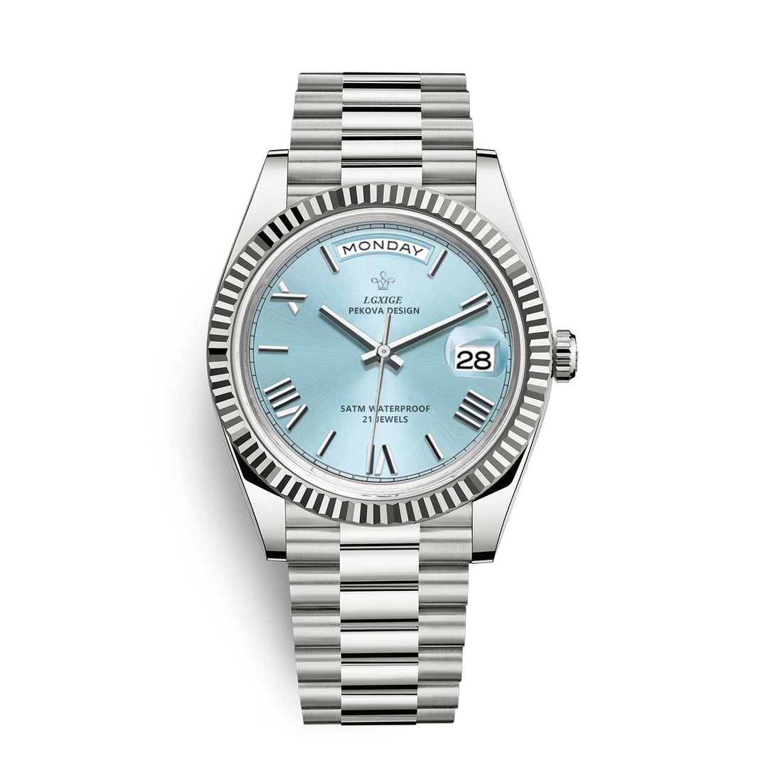Durable stainless steel case and bezel of Men's Premium Automatic Day-Date Watch. Elegant self-winding.
