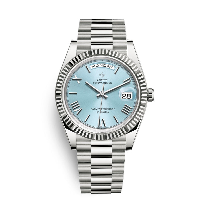 Durable stainless steel case and bezel of Men's Premium Automatic Day-Date Watch. Elegant self-winding.