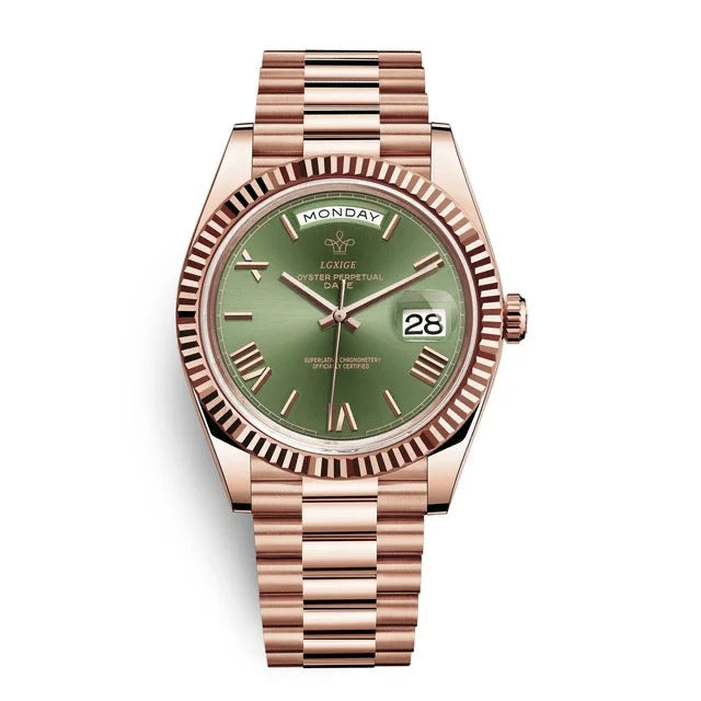 Elegant Men's Automatic Day-Date Wrist Watch, a classic self-winding timepiece with a full calendar display.