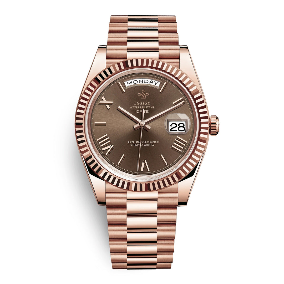 Close-up dial of Men's Premium Automatic Day-Date Watch showing clear day and date display. Sophisticated.