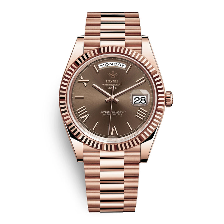 Close-up dial of Men's Premium Automatic Day-Date Watch showing clear day and date display. Sophisticated.