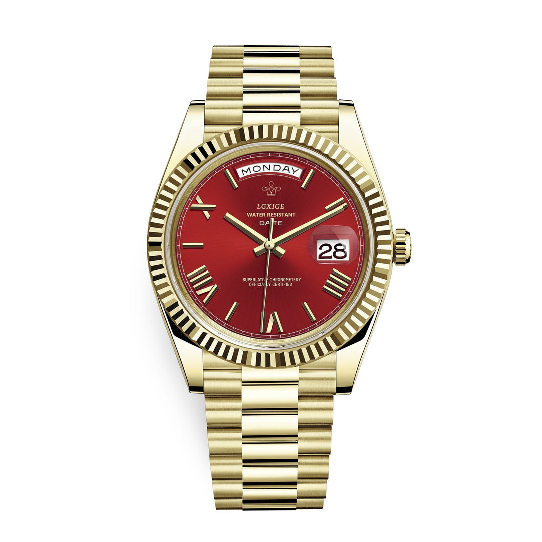Side view of classic Men's Automatic Day-Date Watch crown, intricate detailing & elegant casing. Timeless.