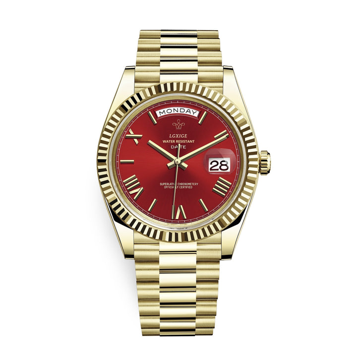 Side view of classic Men's Automatic Day-Date Watch crown, intricate detailing & elegant casing. Timeless.