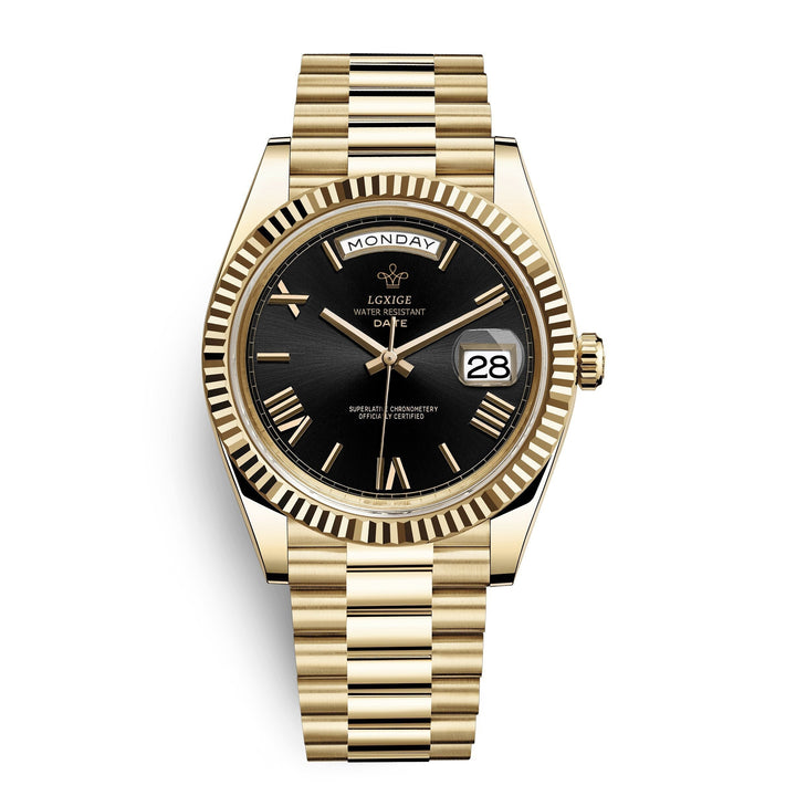 Men's Premium Automatic Day-Date Watch worn on wrist, a sophisticated dress watch accessory. Self-winding.