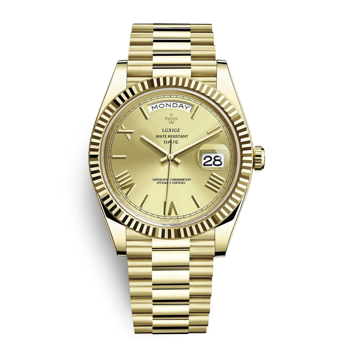 Transparent case back showcasing the intricate self-winding movement of Men's Automatic Day-Date Watch.