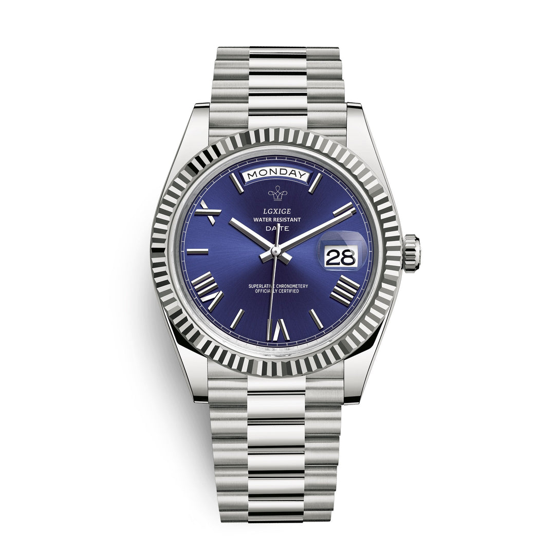Front angle of Men's Premium Automatic Day-Date Watch, highlighting elegant design and day-date function.