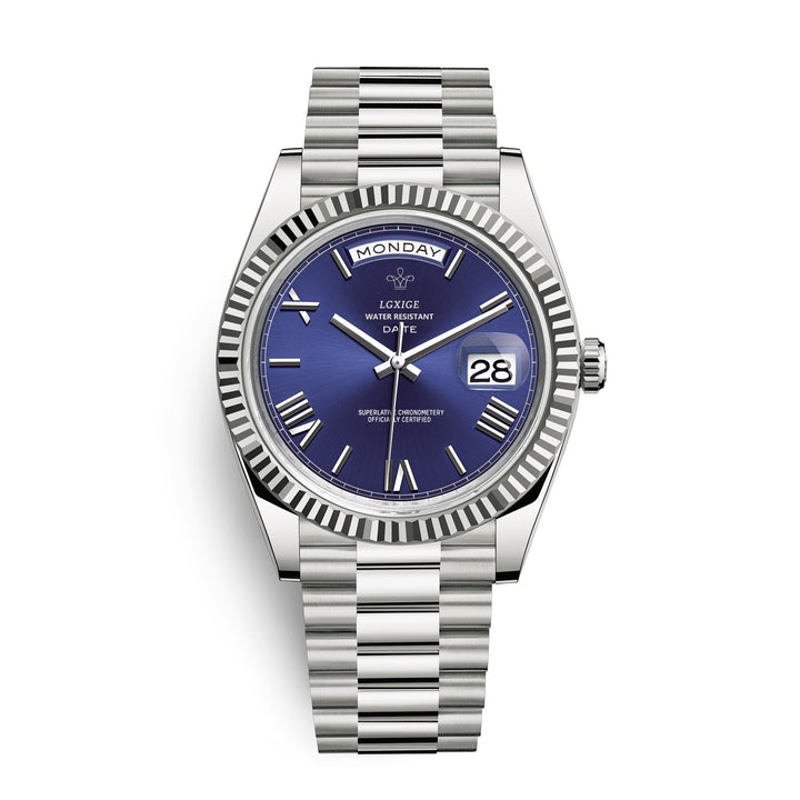 Front angle of Men's Premium Automatic Day-Date Watch, highlighting elegant design and day-date function.
