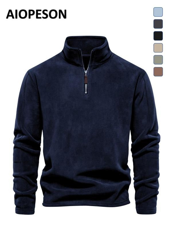 Handsome men's premium quarter zip fleece pullover, a cozy sweater essential for casual wear and smart fall outfits.