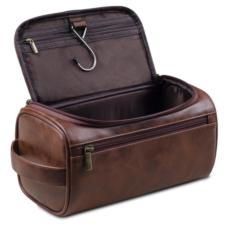 Men's premium travel toiletry bag with waterproof lining & multiple compartments for grooming essentials.