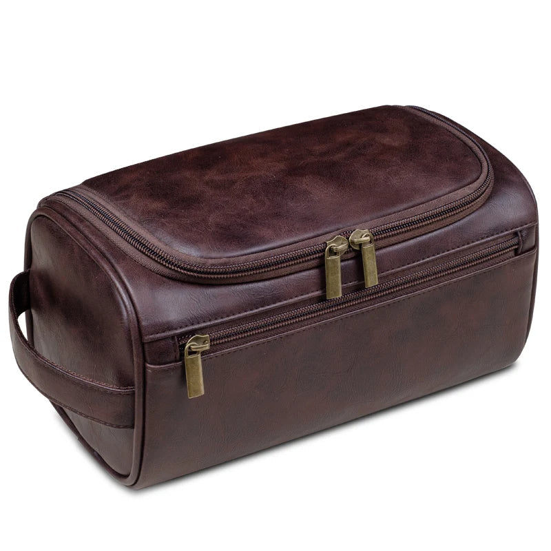 Stylish light brown men's travel dopp kit. Durable, waterproof toiletry bag for toiletries & grooming.