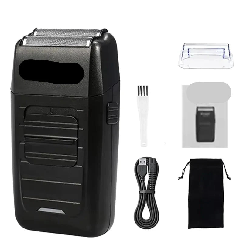 Men's grooming kit with electric shaver and various guides for different hair lengths
