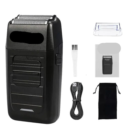 Men's grooming kit with electric shaver and various guides for different hair lengths