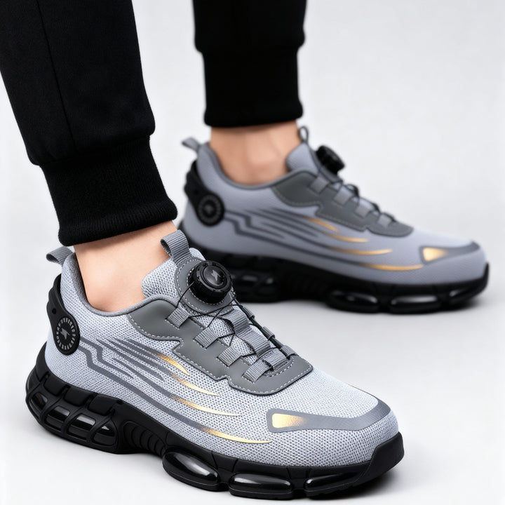 Lightweight men's safety footwear with steel toe protection, durable and comfortable for long shifts.