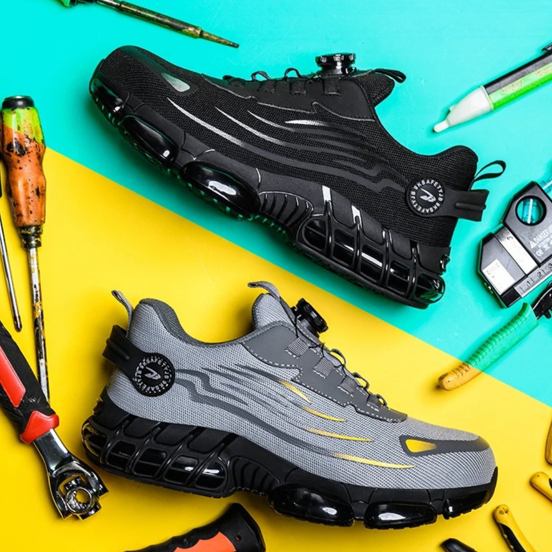 High-performance men's work shoes, steel toe and puncture resistant, combining durability with athletic style.