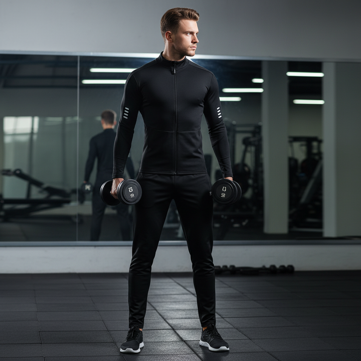 Men's quick-dry athletic training shirt and shorts set. Moisture-wicking performance gear for workouts.