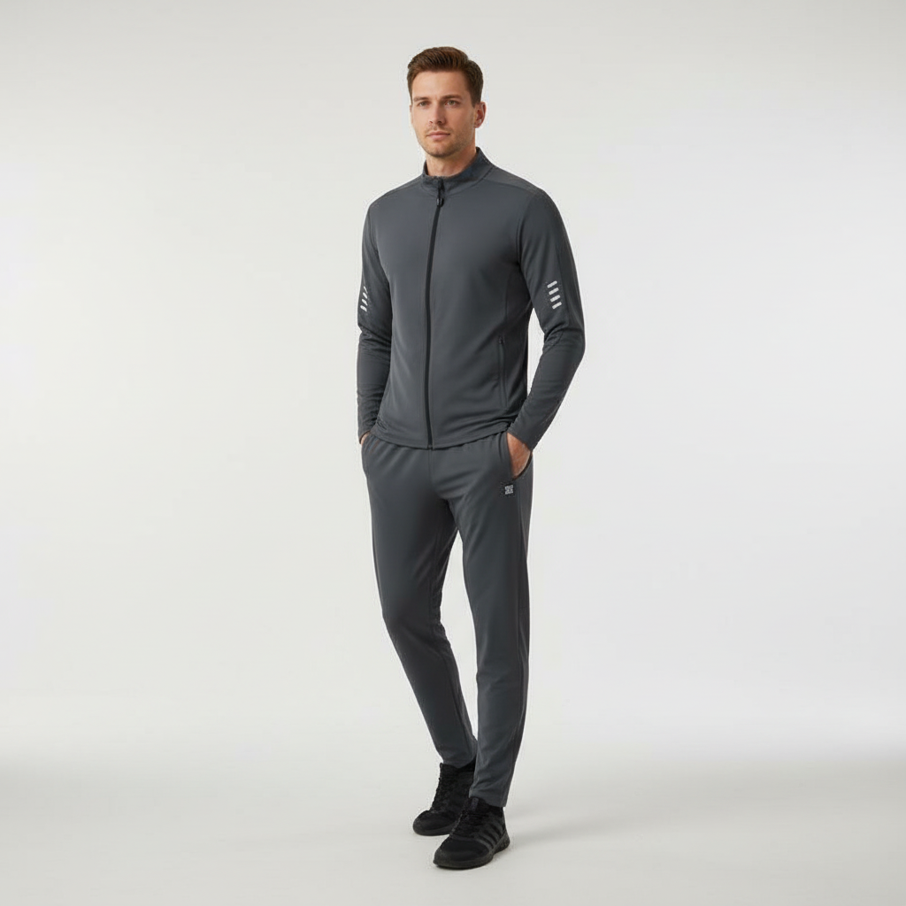 Stylish men's athletic training set with quick-dry shirt & shorts. Versatile activewear for gym & sport.