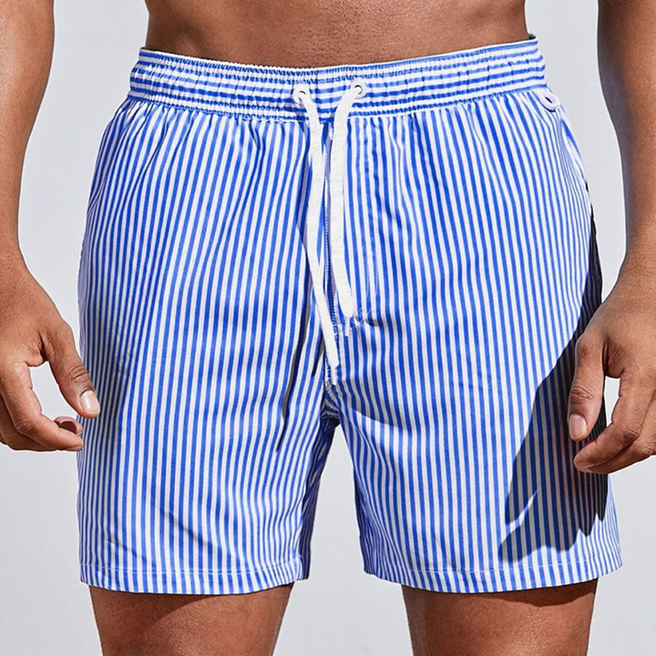 Men's striped quick-dry swim trunks, versatile summer shorts for beach, pool, vacation, and trendy menswear.