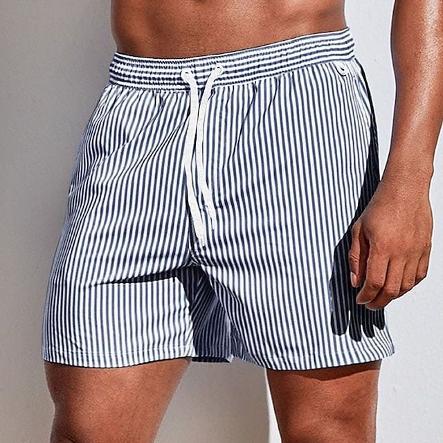 Men's quick dry striped swim shorts with adjustable drawstring. Comfortable and stylish beachwear for summer.
