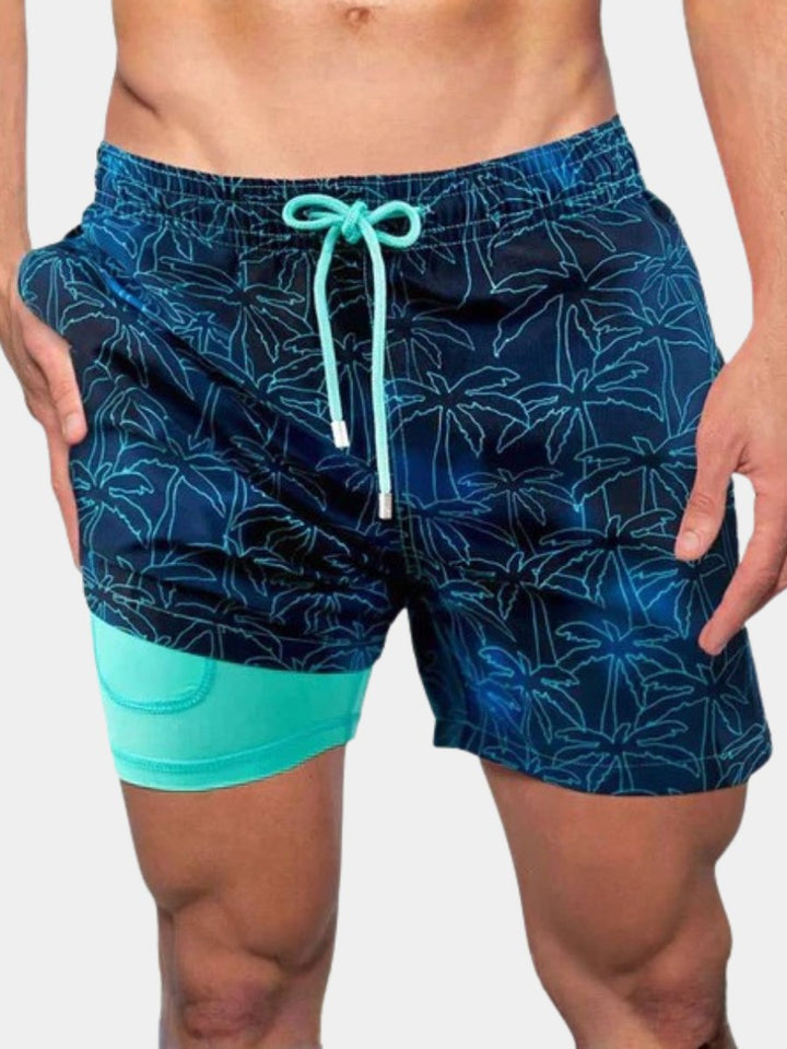 Men's quick-dry swimwear shorts with compression liner, ideal for beach & pool.